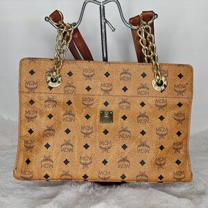 MCM Cognac Visetos Coated Canvas and Leather Chain Tote